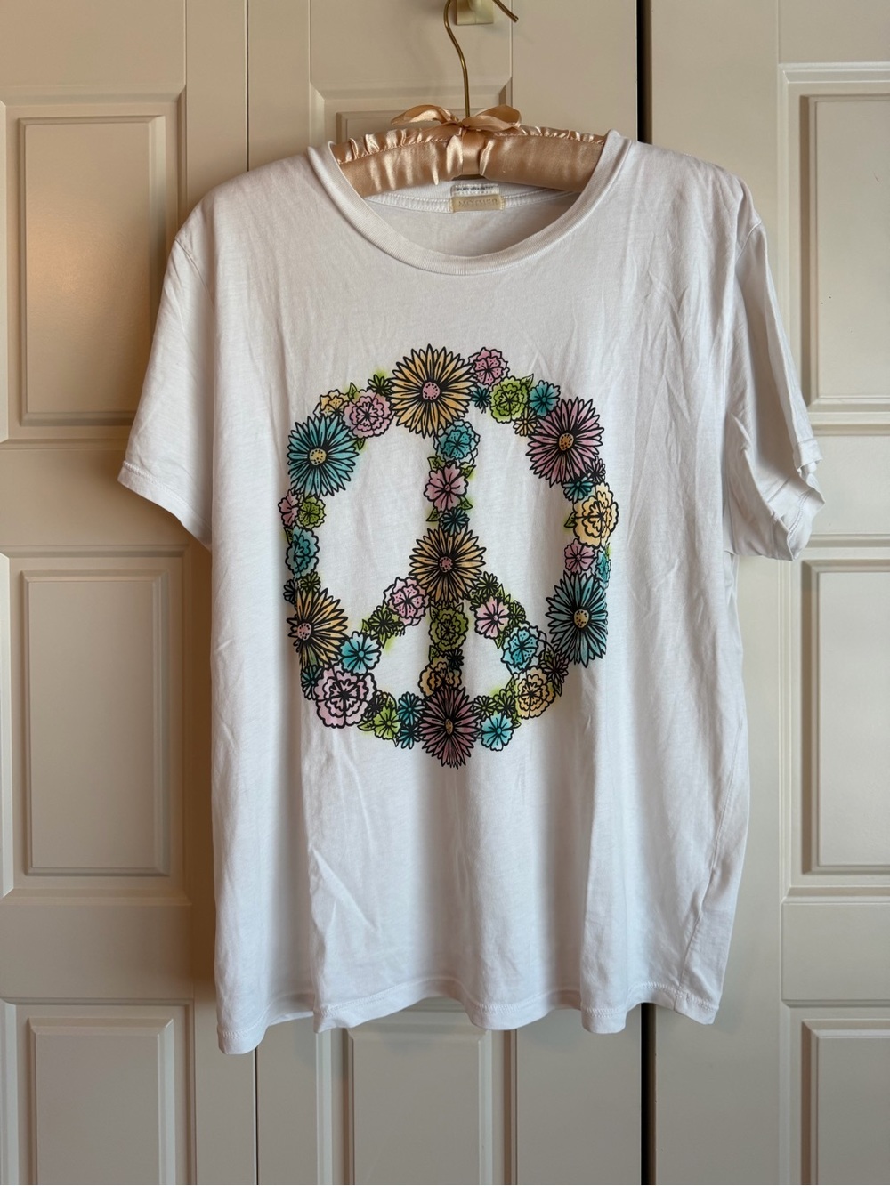 MOTHER White Short Sleeve Tee with Pastel Floral Peace Graphic